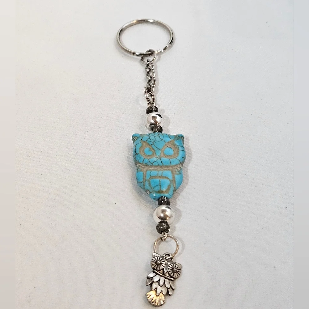 Hand Crafted Turquoise Owl Charm With Silver Accents Keychain